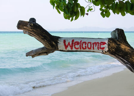 write the word welcome in tree branch on the beach.の写真素材