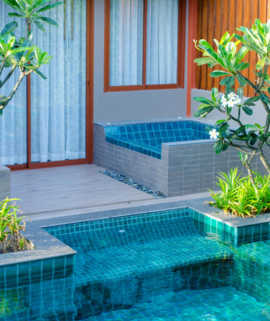 Swimming pool located at the front of house.のeditorial素材