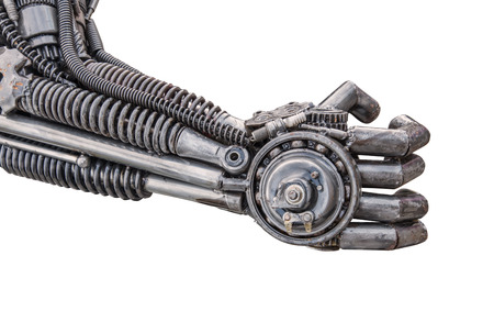 Hand of Metallic cyber or robot made from Mechanical ratchets bolts and nuts