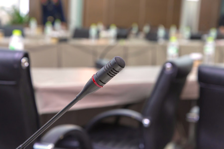 microphones in meeting room before a conference.の写真素材