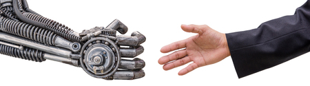 man hand  handshake with cy-ber robot isolated on white background.の写真素材