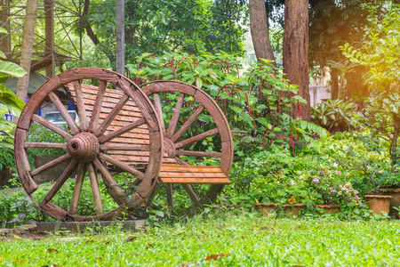 Benches in green grass at park outdoor.の写真素材