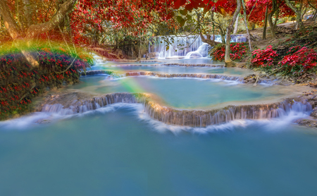 Waterfall in rain forest (Tat Kuang Si Waterfalls at Luang prabang, Laos.)の写真素材