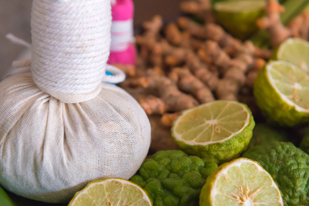 herbal spa balls for treatment or massage with herb bergamot and ginger.の写真素材