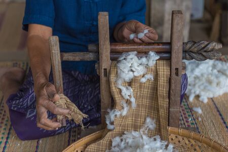 Silkworms nest in white dish and use for silk fabric.の写真素材