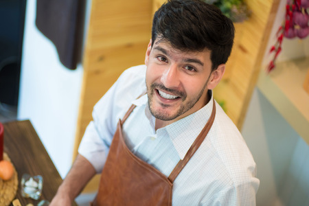 top view of chef Smiling in kitchen at home.の写真素材