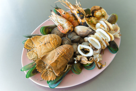 Grilled of Shellfish crustacean lobster and mussels seafood.の写真素材