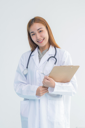 Portrait of Medical physician doctor woman with stethoscope in hospital.の写真素材