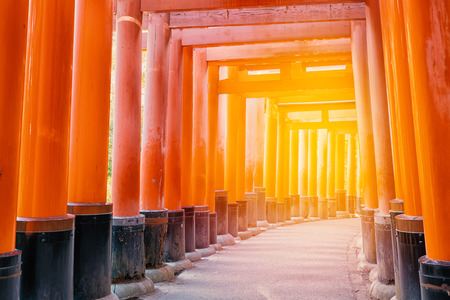 Red Tori Gate of Fushimi Inari Taisha Kiyomizu-dera Temple in Kyoto Japan.のeditorial素材