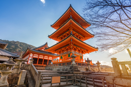 Red pagoda Beautiful architecture in Kiyomizu dera temple, Kyoto Japan.のeditorial素材