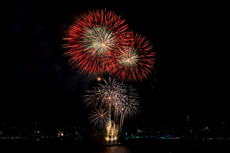 Colorful fireworks of various colors at night with celebration and anniversary concept.の写真素材