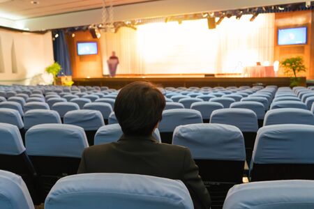 speaker prepares to lecture before people come meeting room.の写真素材