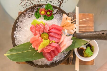 Salmon raw sashimi sushi with shrimp on plate, japanese food.の写真素材