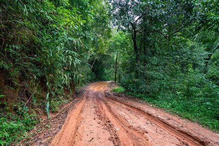 road wet muddy of backcountry countryside in rainy day.の写真素材