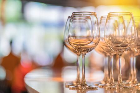 Champagne Glasses Wine Set in Night Club Bar.