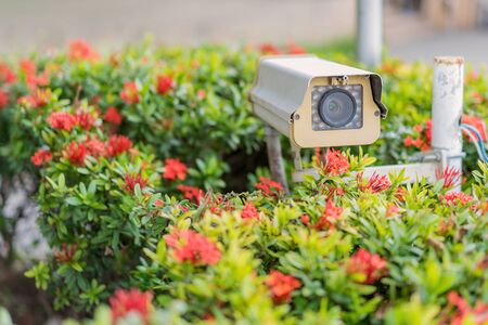 Security CCTV camera and urban video at public park.の写真素材