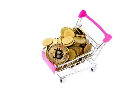 coins money and shopping cart or supermarket trolley business finance concept isolate on white background.の写真素材