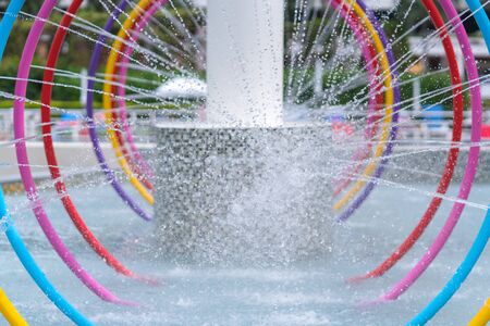 water fountains splashes equipment for children play in waterpark.の写真素材