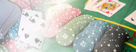 Banner, Chips for casino or pile of gambling tokens. Volumetric heap of money or cash for games like...