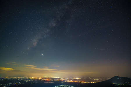 Panorama view universe space shot of milky way galaxy with stars on night sky background at...