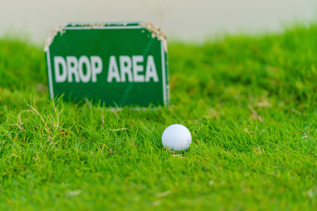 golf ball on Drop Area golf sign at golf course.の写真素材