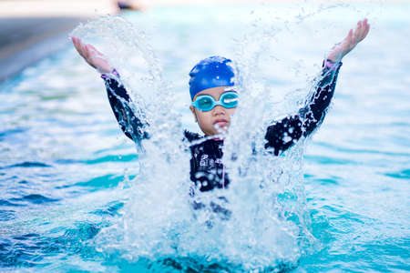 happy children Smiling cute little girl in sunglasses in swimming pool.