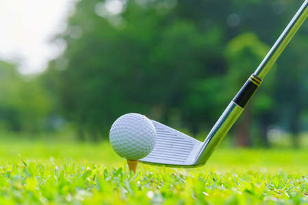 Golf ball on green grass ready to be struck on golf course.の写真素材