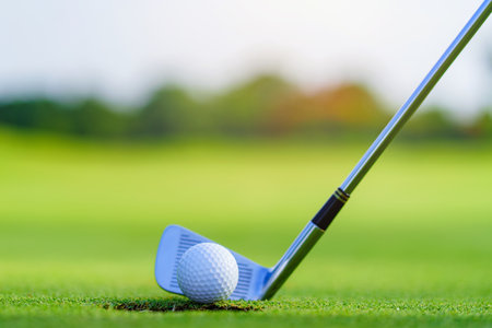 Golf ball and golf club in beautiful golf course at Thailand. golf equipment resting on green grass background.の写真素材