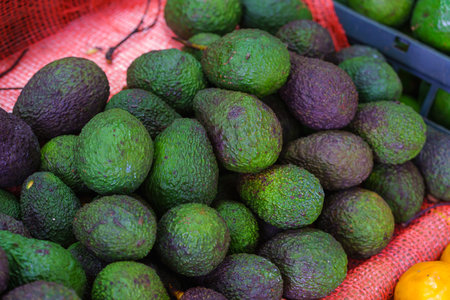 Fresh ripe green organic avocados new harvest on farmers market