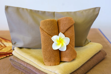 towel cotton on the bed spa for relax in bathroom, Spa still life.の写真素材