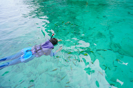 girl in snorkeling mask swims among the fish in Koh Phi Phi Island Thailand, Pileh Lagoon.の写真素材