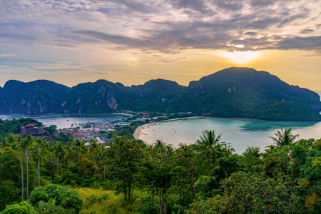 View point of Phi Phi Island at sunset time, Krabi Province, Thailand. Travel vacation background.の写真素材