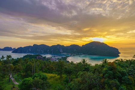View point of Phi Phi Island at sunset time, Krabi Province, Thailand. Travel vacation background.の写真素材