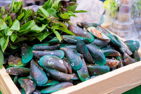 Steam mussels seafood in wooden plate garnished with fresh basil.の写真素材