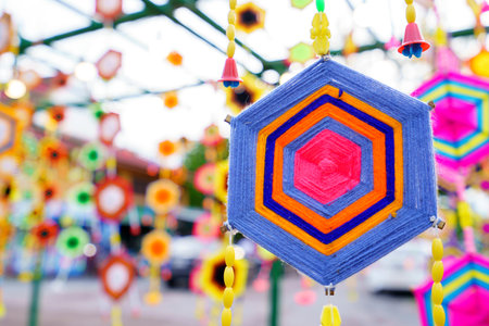 Artifacts made from colored silk threads to decorate buildings.の写真素材