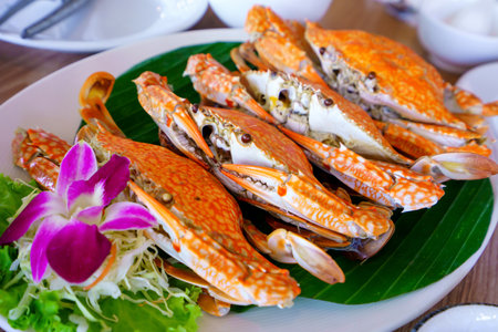 steamed fresh crab cooking on white plate.の写真素材