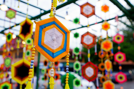 Artifacts made from colored silk threads to decorate buildings.の写真素材