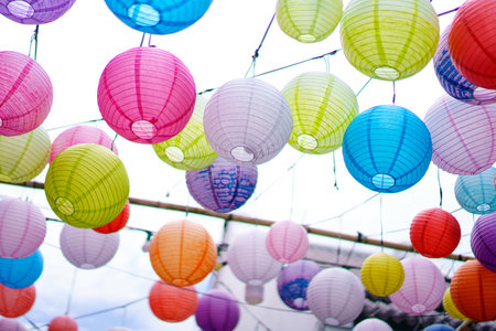 Colourful Paper Lantern hanging outdoors in Asian festivals. traditional decoration.の写真素材