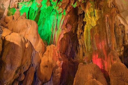 landscape of underground cave in Laos, with stalagmites and stalactites.の写真素材