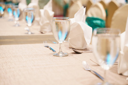 Elegance of glasses on table set up for dinning room.の写真素材