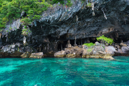 landscape Viking cave on Maya island on fantastic emerald lagoon sea at Koh Phi Phi Island Thailand, Pileh Lagoon.の写真素材
