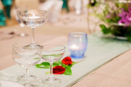 Elegance of glasses on table set up for dinning room.の写真素材