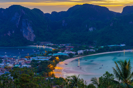 View point of Phi Phi Island at sunset time, Krabi Province, Thailand. Travel vacation backgroundの写真素材
