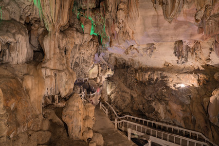 pathway underground cave in Laos, with stalagmites and stalactites.の写真素材