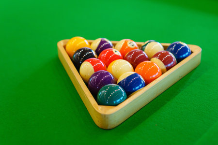 pool or billiards snooker balls on green table with setup position.の写真素材