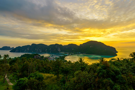 View point of Phi Phi Island at sunset time, Krabi Province, Thailand. Travel vacation background.の写真素材