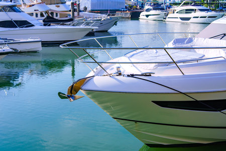 Yacht and boats in a little port at the marina.の写真素材