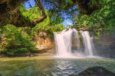 Beautiful waterfall with sunlight in jungle, Haew Suwat Waterfall at khao yai Nakhonratchasima province.の写真素材