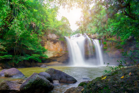 Beautiful waterfall with sunlight in jungle, Haew Suwat Waterfall at khao yai Nakhonratchasima province.の写真素材