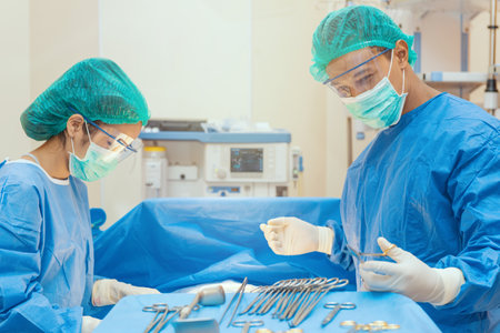 Medical physician doctor or Surgery team in operation room with lighting at hospital